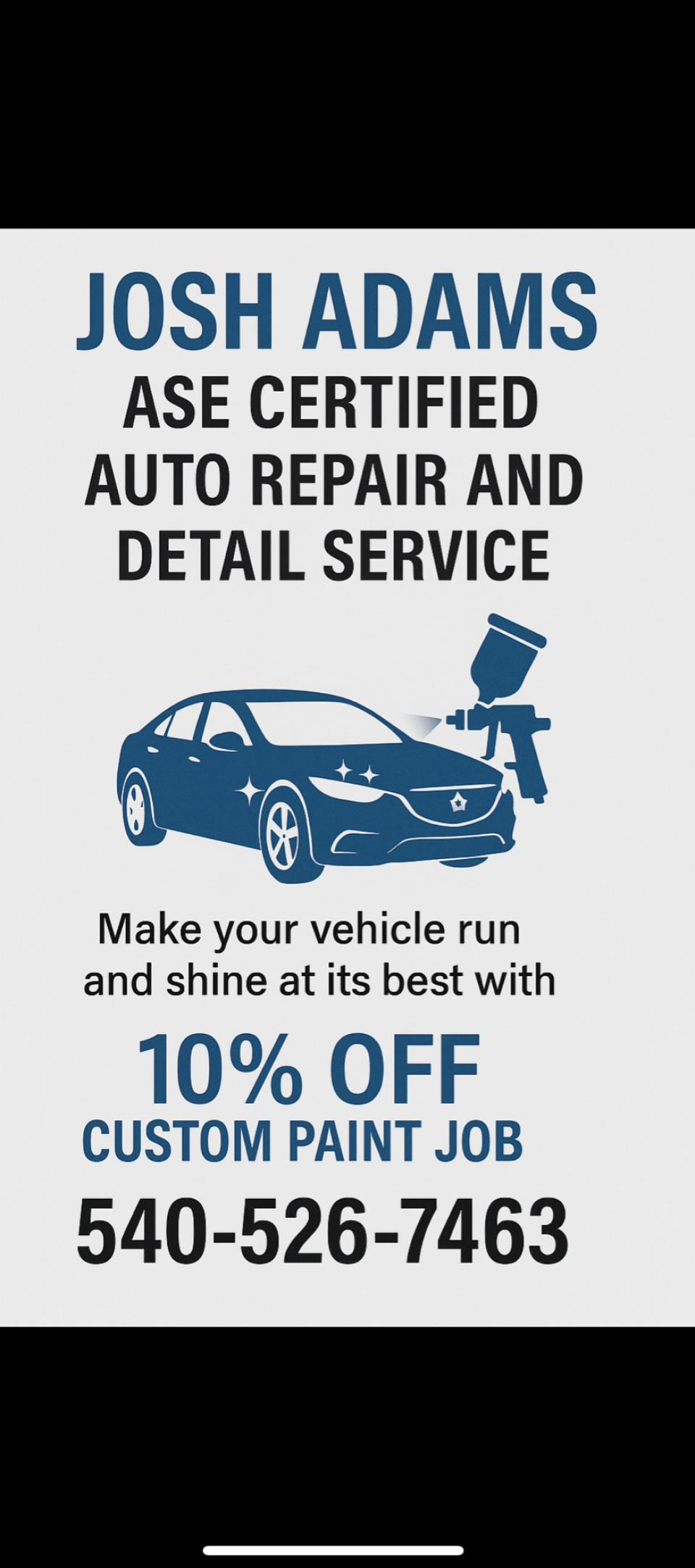 JOSH ADAMS ASE certified auto repair and detail service flyer for paint and body repair